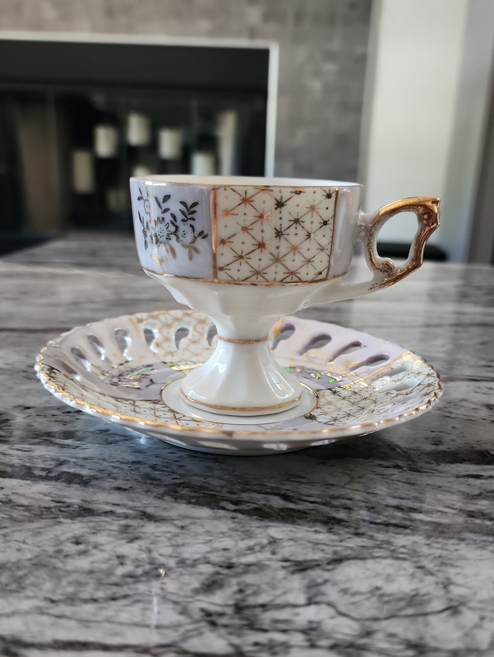 Japan Vintage Pedestal Tea Cup and Reticulated Saucer Gold Gilded Set, by Enesco